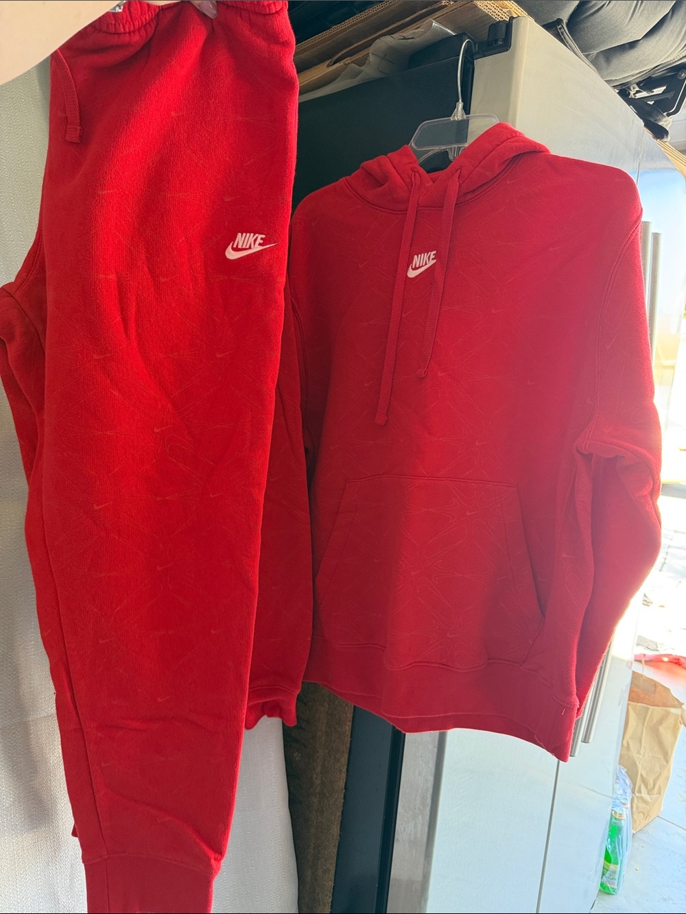 Men’s Nike Red Hoodie and Sweatpants Set with White Swoosh